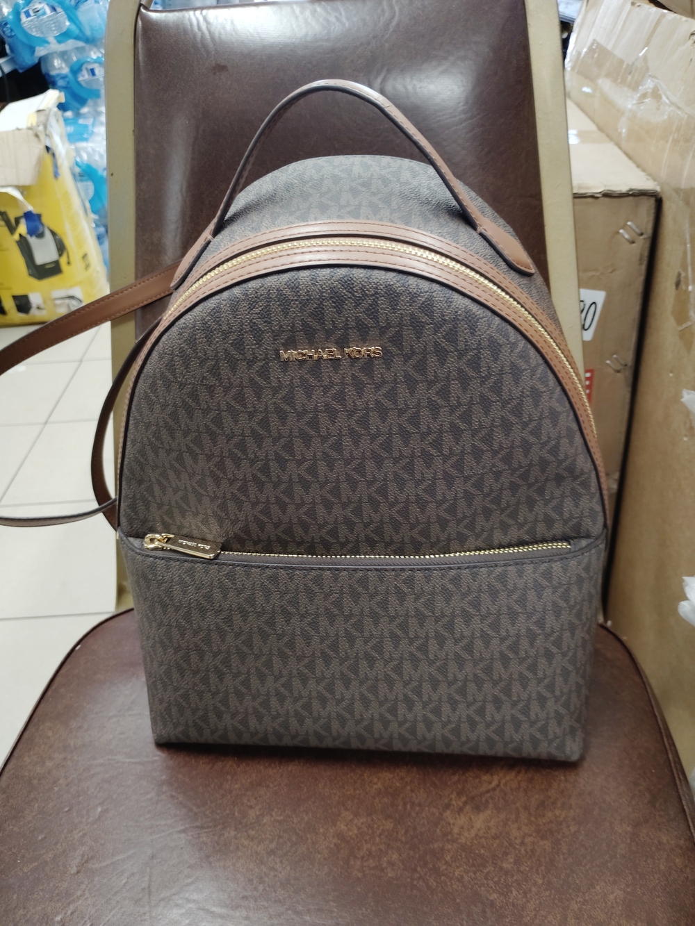 Michael Kors Brown Monogram Backpack with Gold Hardware